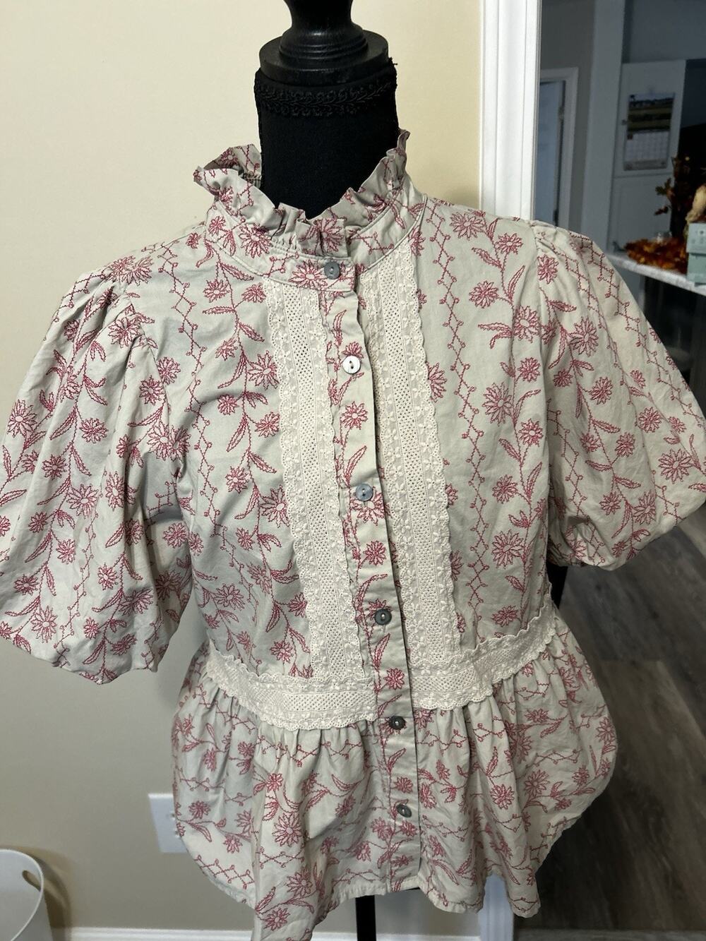 Entro Floral Ruffle Puff-Sleeve Peplum Blouse Poplin Top Size M Cottagecore BOHO